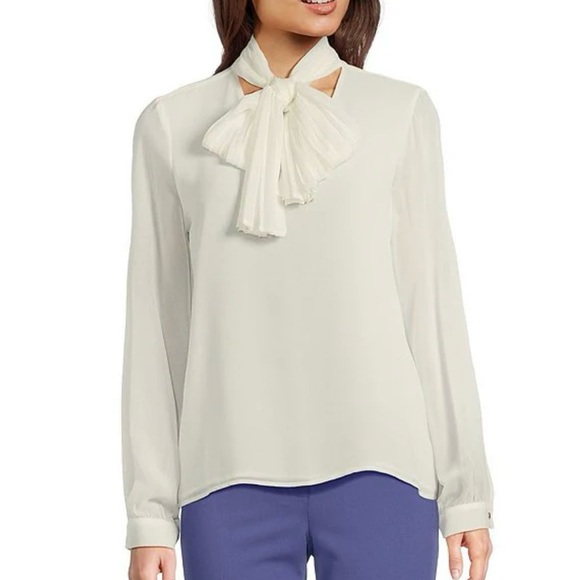 EUC Calvin Klein, chiffon cream colored V-neck scarf overlay long sleeve top Sm - Picture 1 of 9